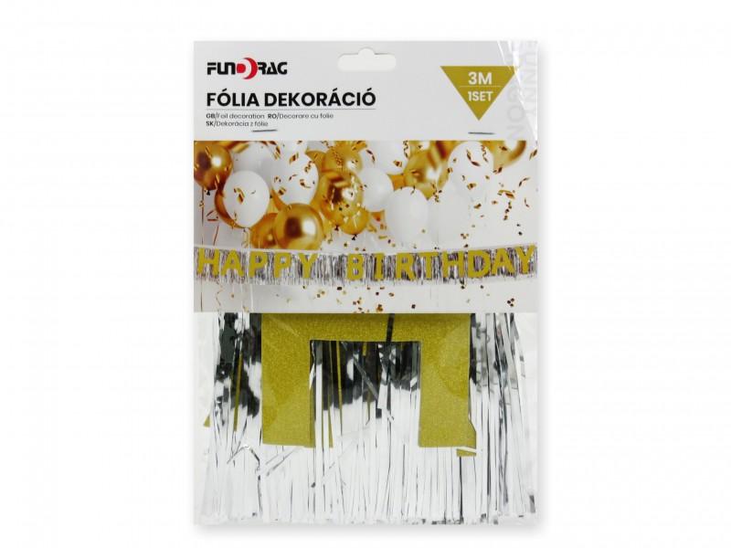 Party dekoráció rojtos Happy Birthday ezüst-sárga 3m