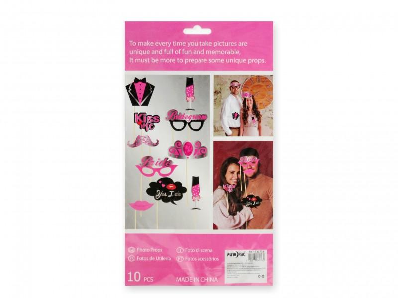 Party kellék szett pálcás esküvői fekete/rózsaszín 10db