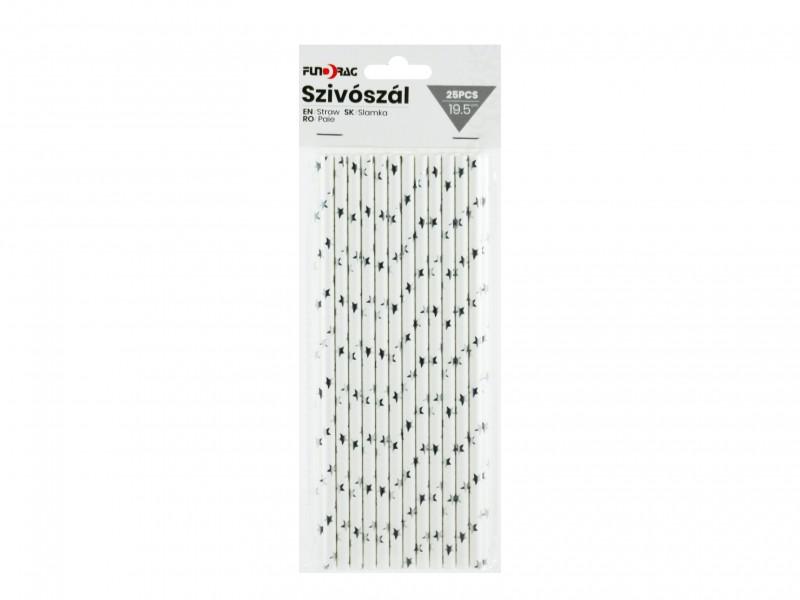 Party szívószál fehér/ezüst csillagos 25db 19,5cm