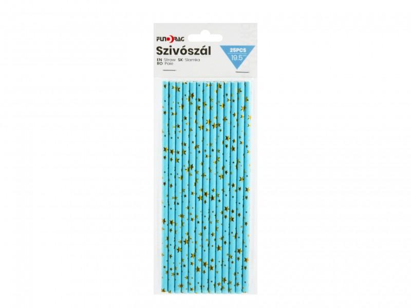 Party szívószál kék/arany csillagos 25db 19,5cm