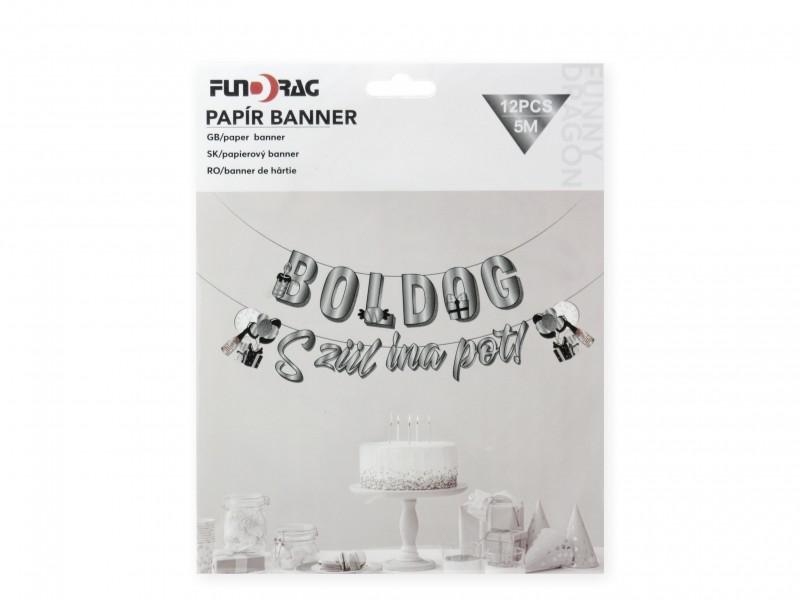 Party zászlófüzér Boldog Szülinapot ezüst 12db-os 5m