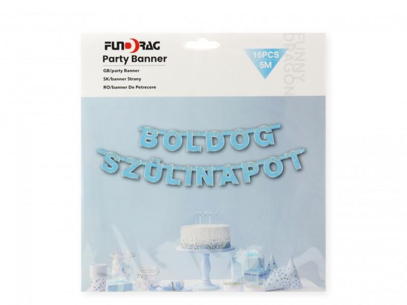 Party zászlófüzér Boldog Szülinapot kék 16db-os 5m