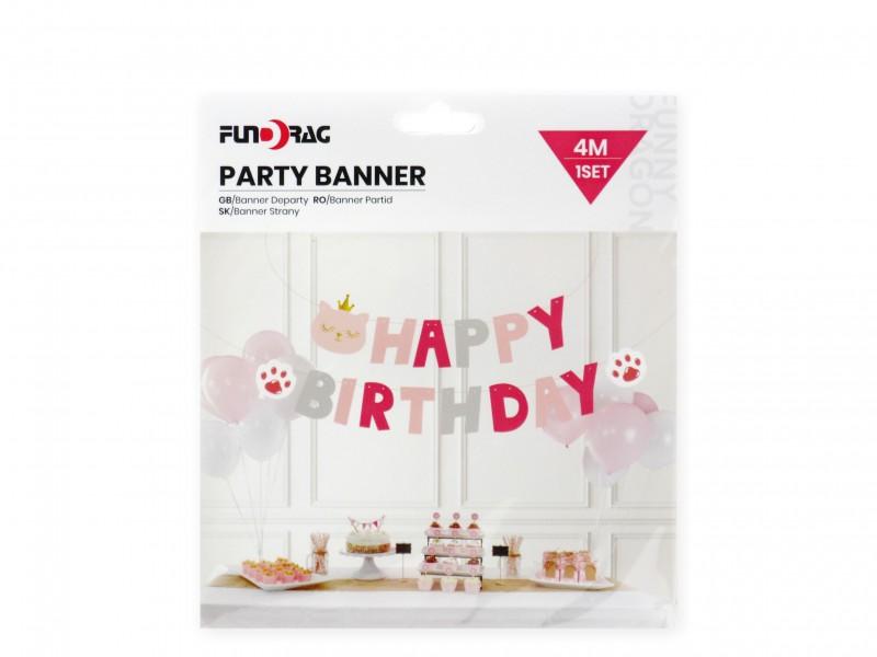 Party zászlófüzér Happy Birthday cicás rózsaszín 4m
