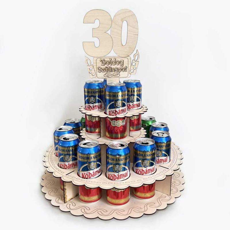 Sör Torta Fából Szülinapra - „30 Boldog Szülinapot” feliratú topperrel - 30. Születésnapi ajándék sörimádóknak