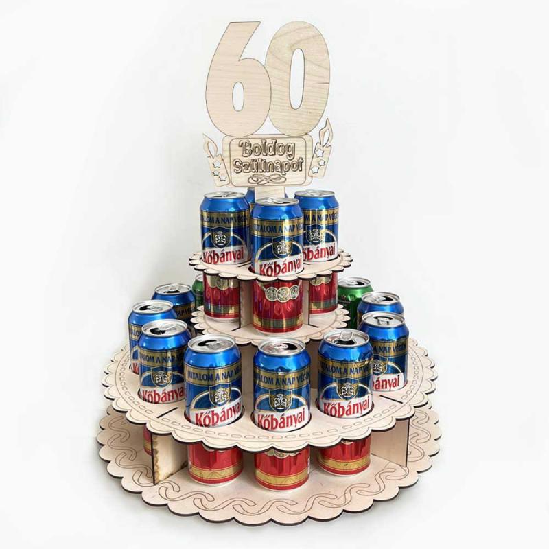 Sör Torta Fából Szülinapra - „60 Boldog Szülinapot” feliratú topperrel - 60. Születésnapi ajándék sörimádóknak