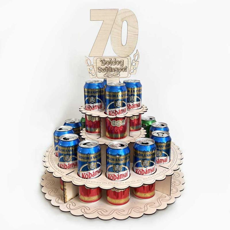 Sör Torta Fából Szülinapra - „70 Boldog Szülinapot” feliratú topperrel - 70. Születésnapi ajándék sörimádóknak