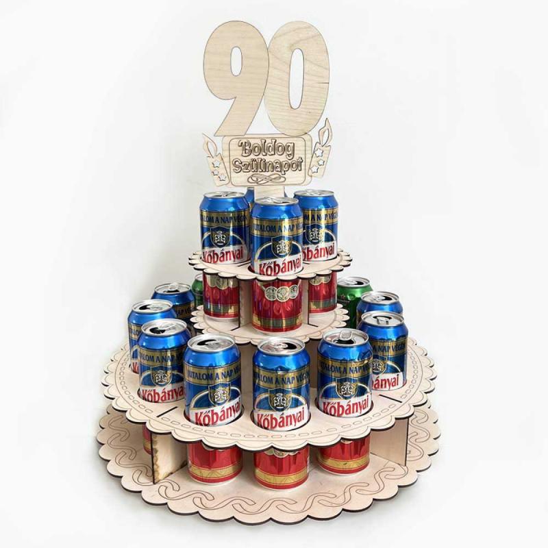 Sör Torta Fából Szülinapra - „90 Boldog Szülinapot” feliratú topperrel - 90. Születésnapi ajándék sörimádóknak