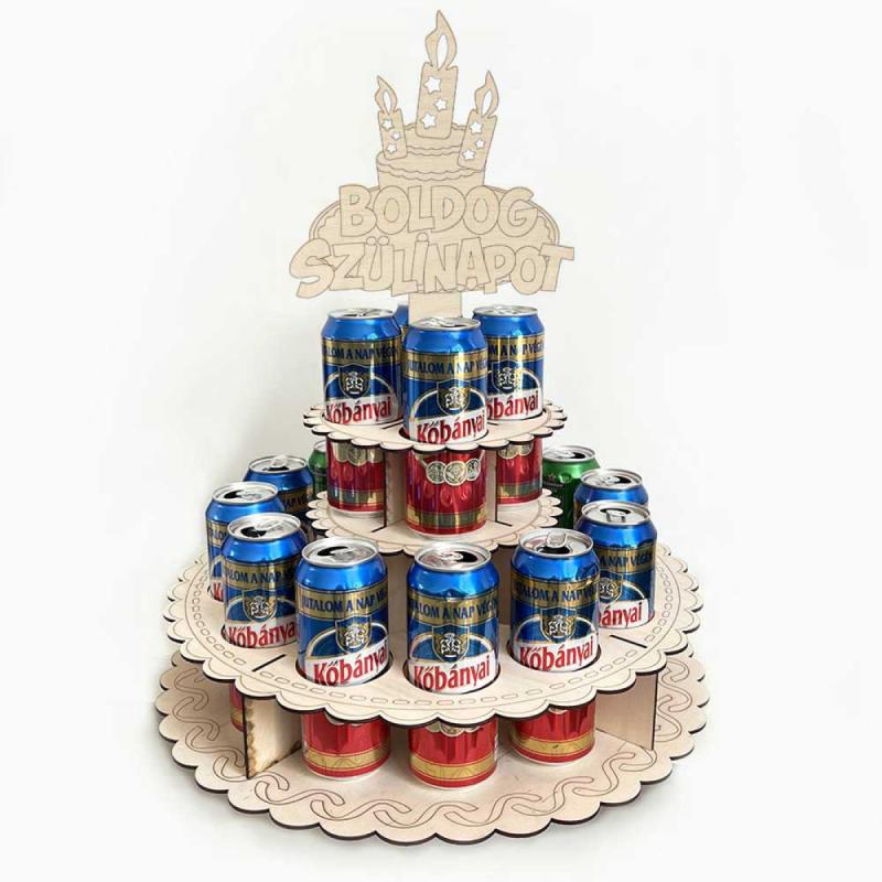 Sör Torta Fából Szülinapra - Boldog Szülinapot feliratú topperrel - Születésnapi ajándék sörimádóknak