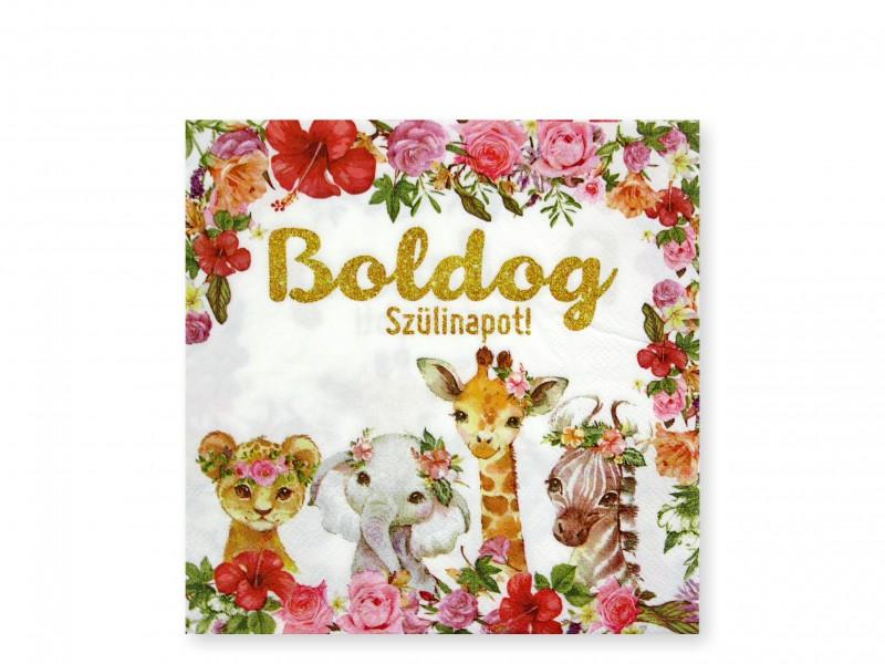 Szalvéta Boldog Szülinapot állatos 16db 33x33cm-es kétrétegű