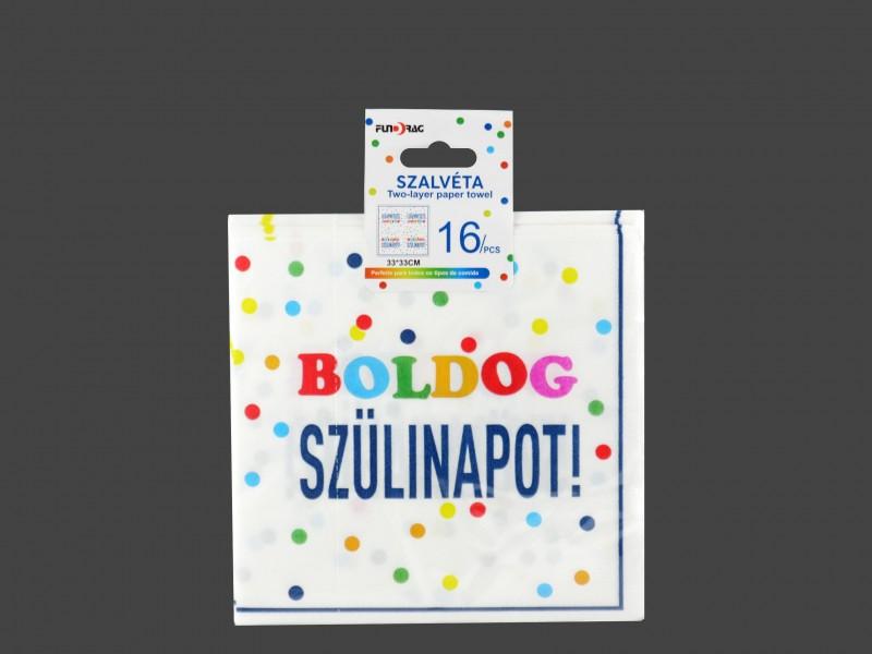 Szalvéta Boldog Szülinapot! fehér pöttyös kétrétegű 16db 33x33cm