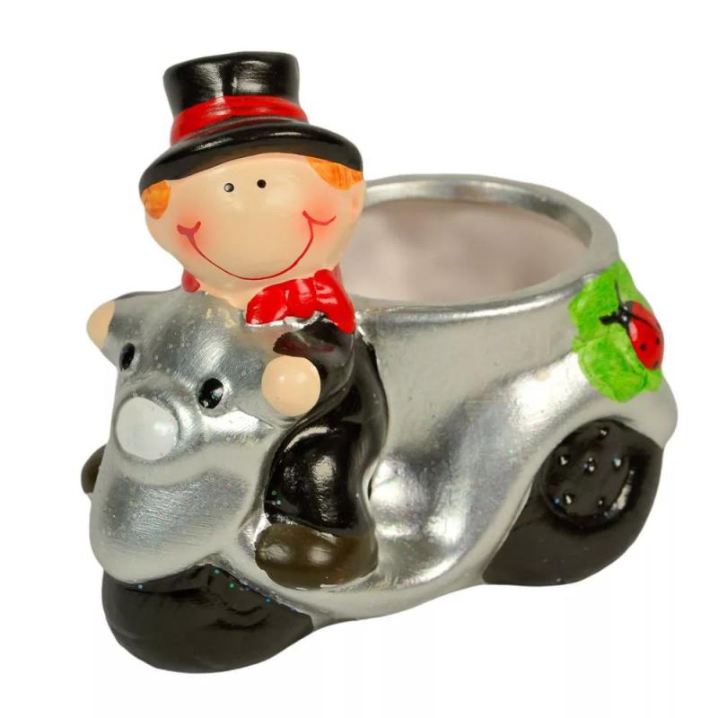 Szerencsehozó kéményseprő figura motoron – kaspóval, átmérő 11 cm