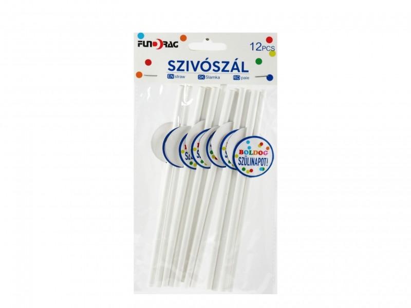 Szívószál Boldog Szülinapot fehér 12db 20cm