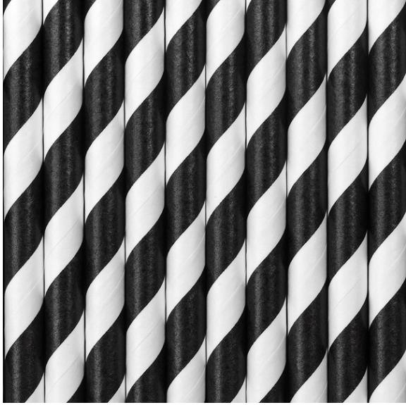 Szívószál papírból, fekete-fehér csíkos, 10db/cs
