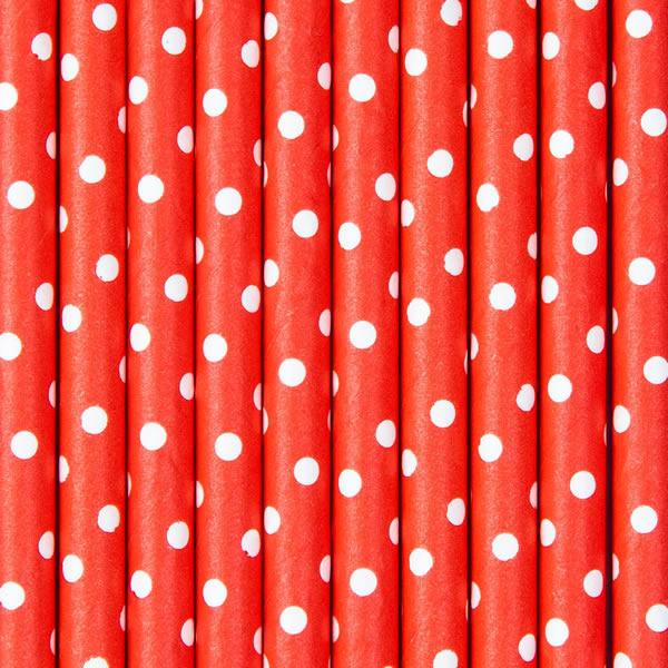 Szívószál papírból, piros, fehér pöttyös 20 cm/10 db