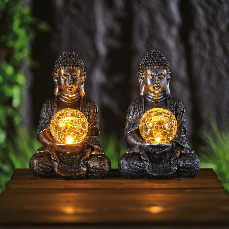 Szolár Buddha - 1 melegfehér LED - műgyanta - 17 x 15 x 26 cm - 2 féle