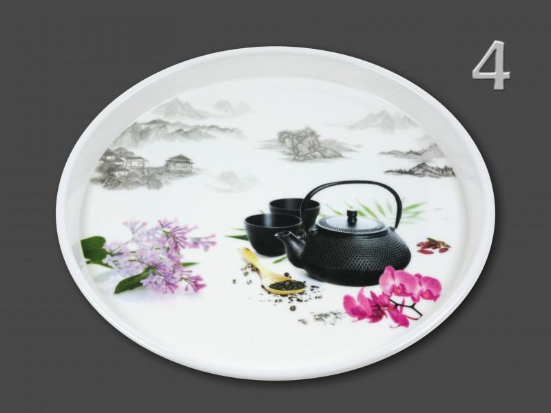 Tálca kerek virágos 29cm kínai fekete teáskannás motivummal