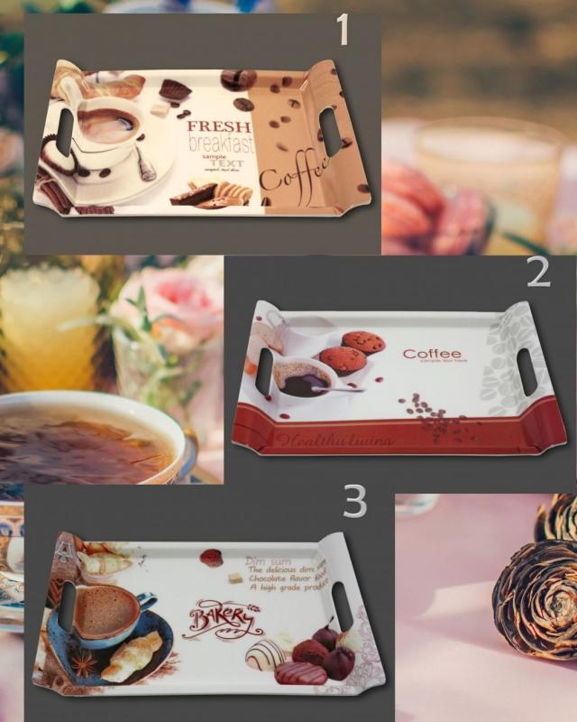 Tálca szögletes füles kávés 35x24cm 3 féle választható mintával