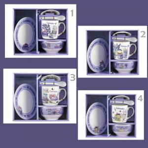 Ajándék levendulás szett Bögre +alj +kiskanál +müzlis tál +kistányér választható motivummal