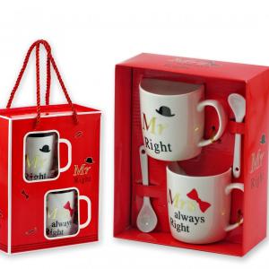 Bögre +kiskanál szett Mr Right Mrs always Right 2+2db 2dl díszdobozban 2
