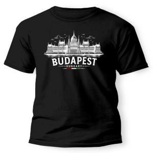 Budapest Póló –Parlament Budapest Zászló - Fekete 100% Pamut Magyar Szuvenír Budapest Sziluettel