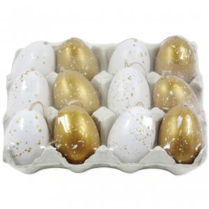 Dekor tojás tojástartóban fehér/arany 12db 6cm akasztható