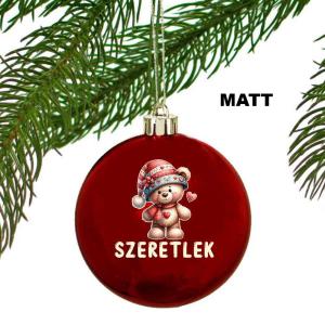 Egyedi karácsonyfadísz Macis 'Szeretlek' felirattal - Piros Karácsonyi gömb