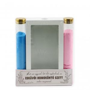 Esküvői homoköntő szett rózsaszín és kék homok és üveglapos fali kép