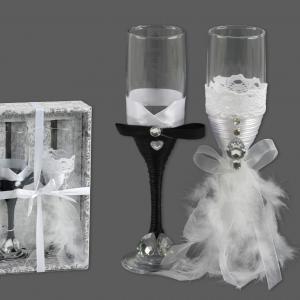Esküvői pezsgőspohár szett tollas