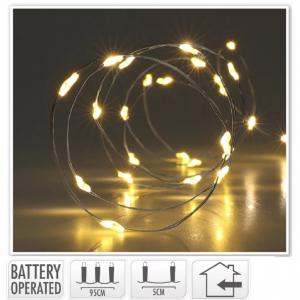 Ezüst drótkábeles fényfüzér 20 LED-es elemes (elem nélkül) meleg 95cm