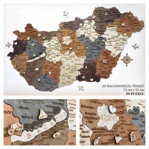Fa Magyarország Térkép Falra - 3D Puzzle Térkép, Fa Hungary puzzle, kirakó 70x35 cm