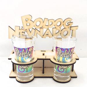 Fa pálinkás pohár tartó - Boldog Névnapot – Névnapi ajándékok 2db-os