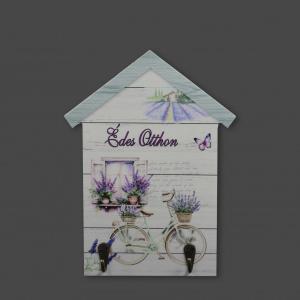 Fali kulcstartó házikó levendulás 20x26cm édes otthon