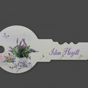 Fali kulcstartó levendulás 33x15,5cm  fehér isten hozott felirattal