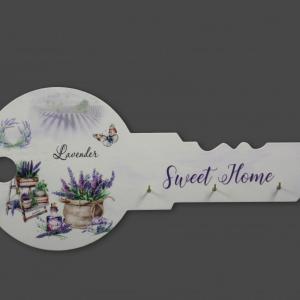 Fali kulcstartó levendulás 33x15,5cm  fehér sweet home felirattal