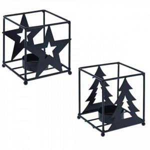 Fém teamécses tartó kocka szett fekete 9cm - csillag és fenyőfa