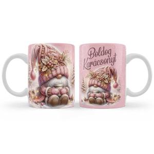 Karácsonyi Bögre 3 dl - Boldog Karácsonyt feliratú Rózsaszín Gnome Manós Bögre - Karácsonyi Ajándék