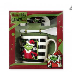 Karácsonyi bögre +alj +kiskanál Grinch 3dl fekete fehér csíkos grincs