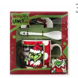 Karácsonyi bögre +alj +kiskanál Grinch 3dl piros fehér pöttyös feliratos grincs