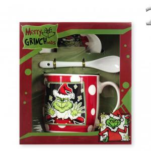 Karácsonyi bögre +alj +kiskanál Grinch 3dl piros fehér pöttyös grincs