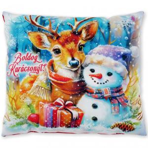 Karácsonyi díszpárna szarvas+hóember 30x26cm