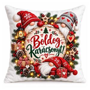 Karácsonyi Nagy Plüss Párna 45x45cm - Boldog Karácsonyt! Fehér Gnóm Manós Mintával