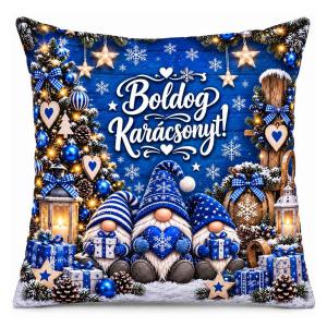 Karácsonyi Nagy Plüss Párna 45x45cm - Boldog Karácsonyt! Kék Három Gnóm Manós Mintával