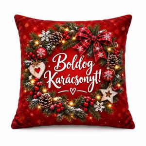 Karácsonyi Nagy Plüss Párna 45x45cm - Boldog Karácsonyt! Piros Ünnepi Mintával