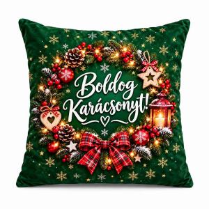 Karácsonyi Nagy Plüss Párna 45x45cm - Boldog Karácsonyt! Zöld Ünnepi Mintával