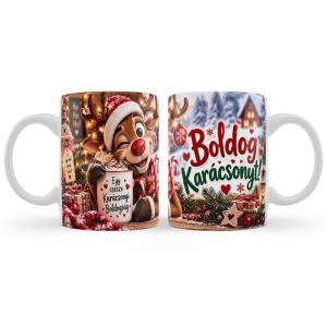 Karácsonyi Rénszarvasos Bögre – Boldog Karácsonyt! Felirattal - Ajándék Karácsonyra