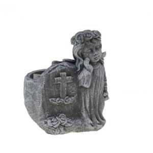 Kaspó kő 12x12x14cm angyallal sötét szürke