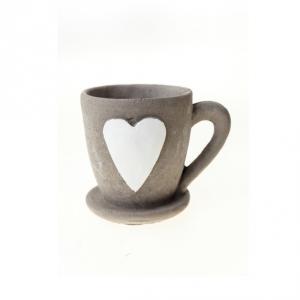 Kaspó kő 13*9,5*10,5cm bögre forma fehér szív mintás