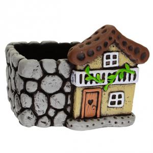 Kaspó kő szögletes 13.2*13*10.4cm házzal szürke