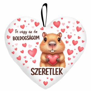 Kicsi szív párna (25×21 cm) – „Te vagy az én boldogságom” kapibarás Valentin-napi ajándék