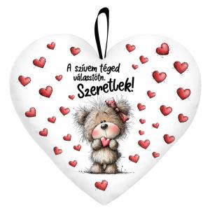 Kicsi szív párna (25×21 cm) „A szívem téged választott” macis Valentin-napi ajándék